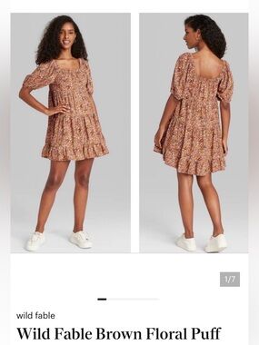 Wild Fable Brown Floral Short Puff Sleeve Boho Hippie Babydoll Dress. Small